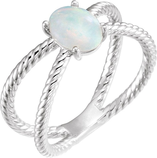 14K Gold Oval Natural White Opal Criss-Cross Cabochon Ring - White Gold