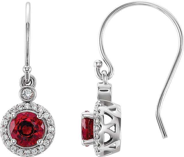 14K Gold Round Lab-Grown Ruby & Natural Diamond Halo-Style Earrings - White Gold