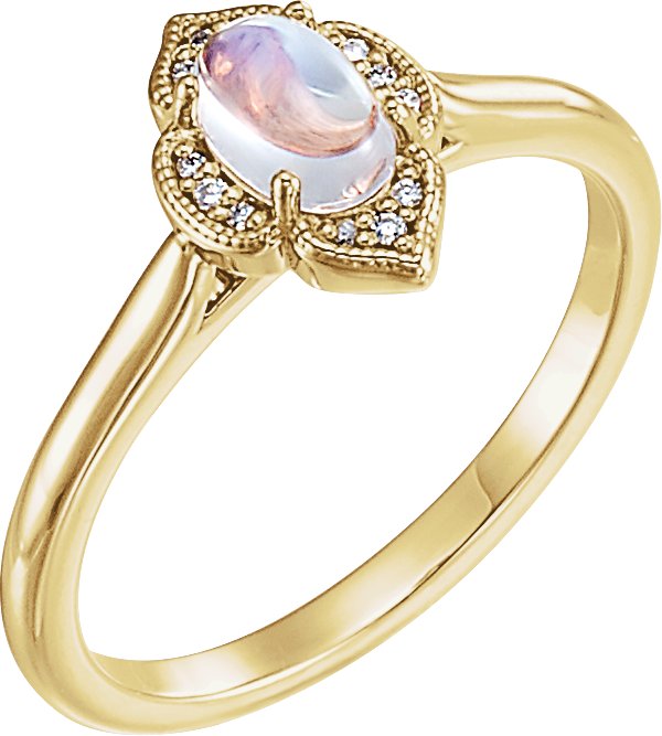 14K Gold Oval Natural Rainbow Moonstone & Natural Diamond Clover Cabochon Ring - Yellow Gold