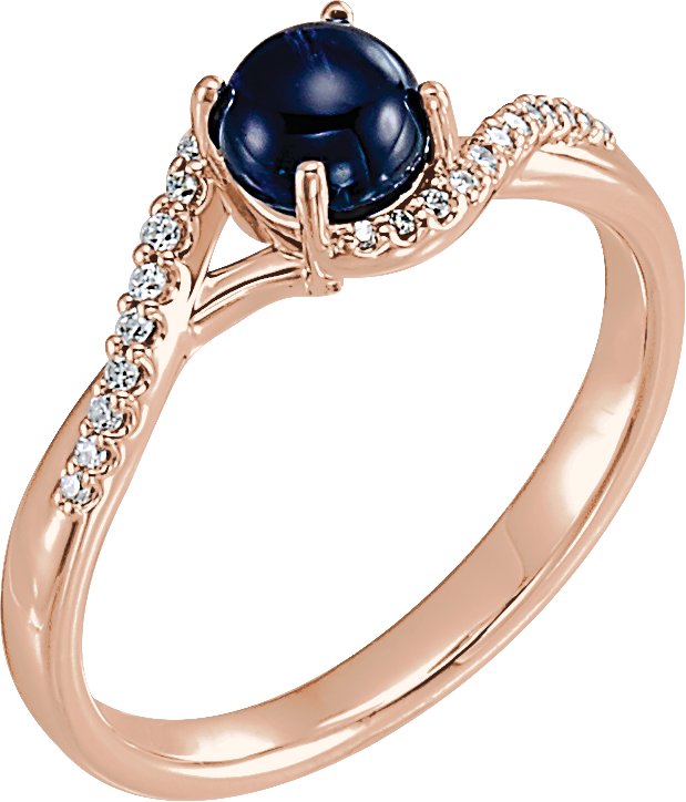 14K Gold Round Natural Blue Sapphire & Natural Diamond Accented Cabochon Ring - Rose Gold