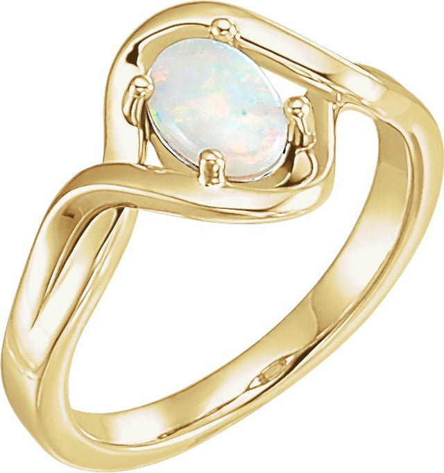 14K Gold Oval Natural White Opal Cabochon Ring - Yellow Gold