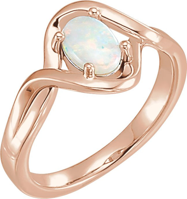14K Gold Oval Natural White Opal Cabochon Ring - Rose Gold