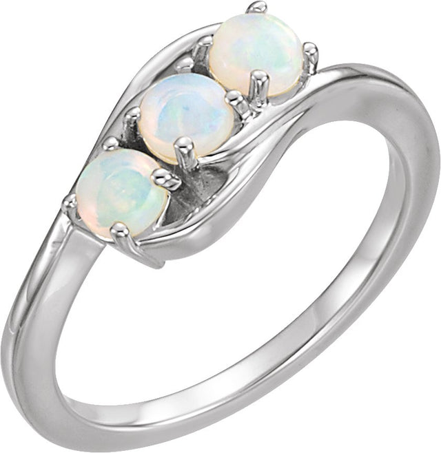 14K Gold Round Natural Opal Three-Stone Cabochon Ring - White Gold