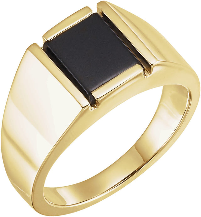 14K Gold Rectangle Natural Black Onyx Cabochon Ring