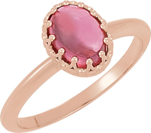 14K Gold Oval Natural Pink Tourmaline Crown Cabochon Ring