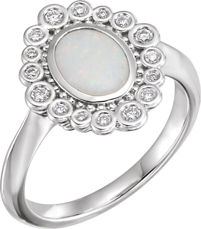 Platinum Oval Natural White Opal & Natural Diamond Halo-Style Ring