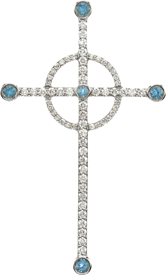 14K Gold Round Natural Swiss Blue Topaz & Natural Diamond Cross Pendant - White Gold