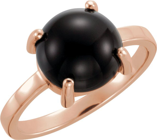 14K Gold Oval Natural Black Onyx Cabochon Solitaire Ring - Rose Gold