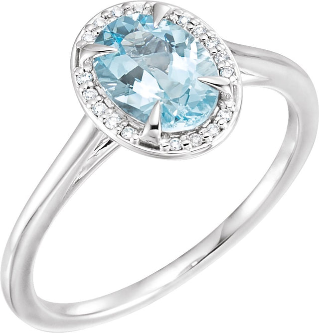 14K Gold Oval Natural Aquamarine & Natural Diamond Halo-Style Ring – 7x5mm - White Gold