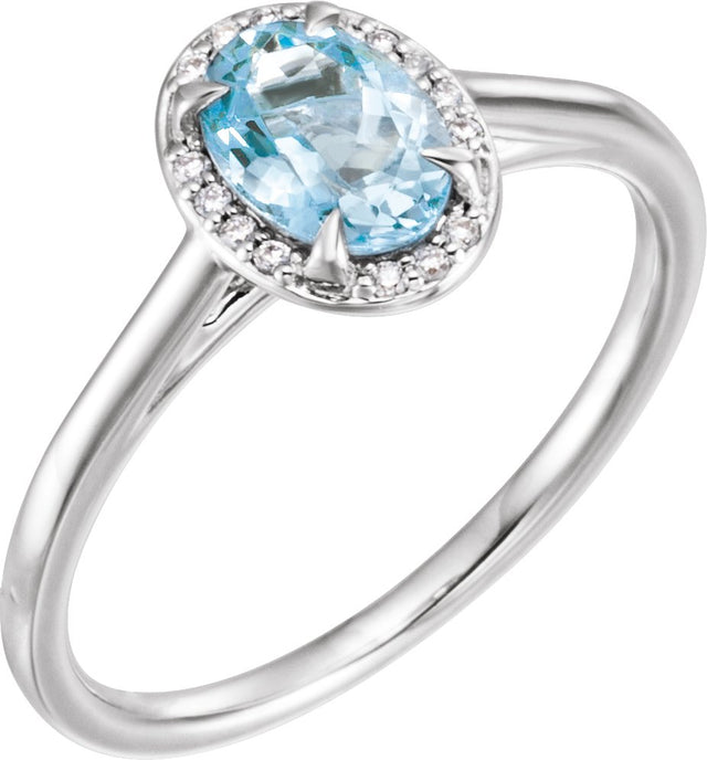 14K Gold Oval Natural Aquamarine & Natural Diamond Halo-Style Ring – 7x5mm - White Gold