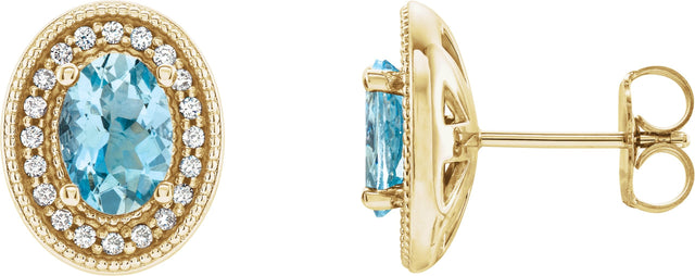 14K Gold Natural Aquamarine & Natural Diamond Oval 4-Prong Halo-Style Earrings - Yellow Gold