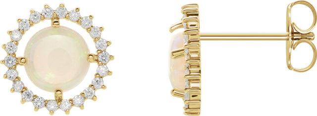 14K Gold Round Natural White Opal & Natural Diamond Halo-Style Earrings – 6mm Stones - Yellow Gold
