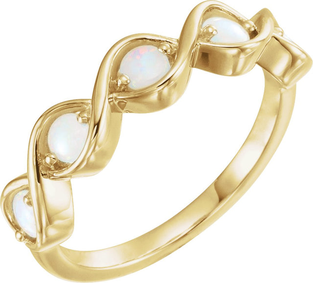 14K Gold Round Natural White Opal Accented Stackable Ring - Yellow Gold