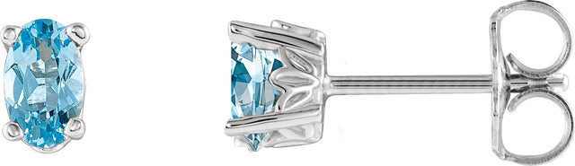 14K Gold Natural Aquamarine Oval 4-Prong Scroll Setting Stud Earrings - White Gold