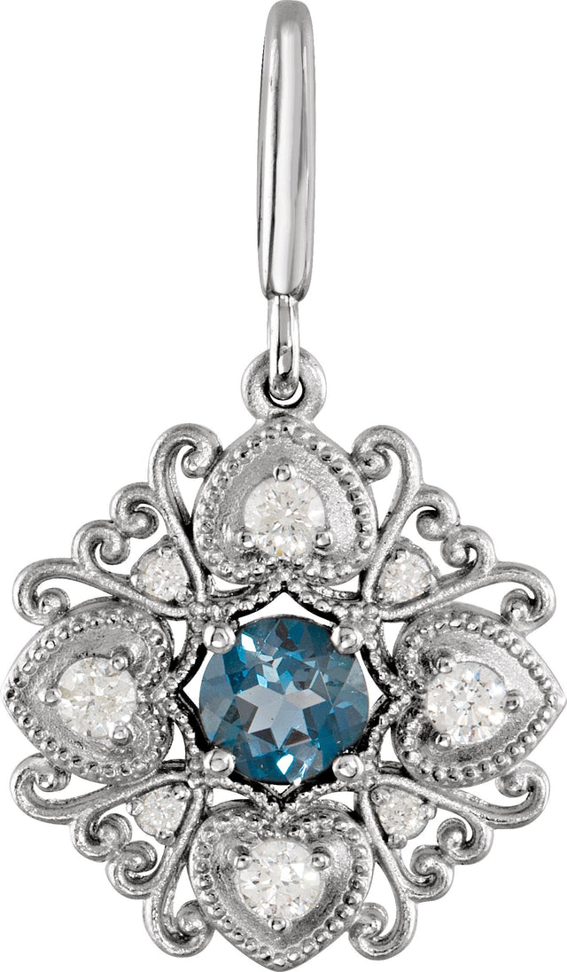 14K Gold Round Natural London Blue Topaz & Natural Diamond Vintage-Inspired Pendant – 29.2x17.2mm - White Gold