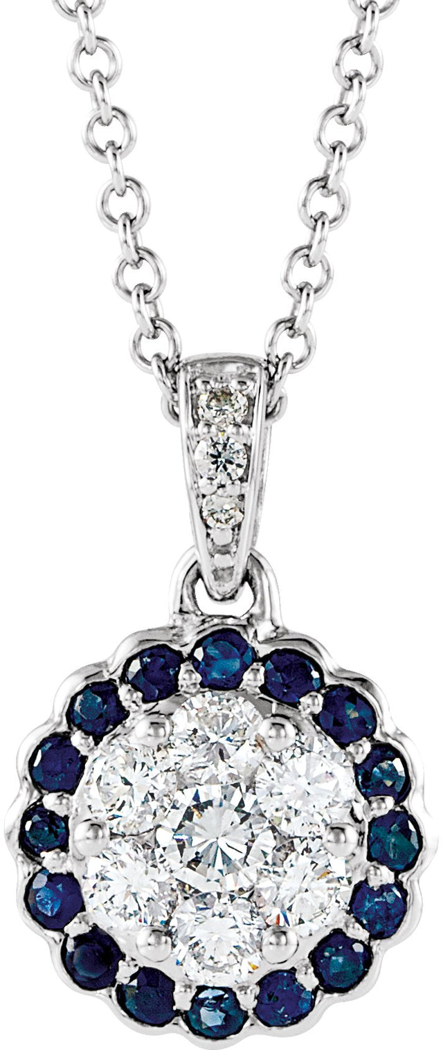 14K Gold Round Natural Blue Sapphire & Natural Diamond Halo-Style Cluster Necklace – 1/3 CTW