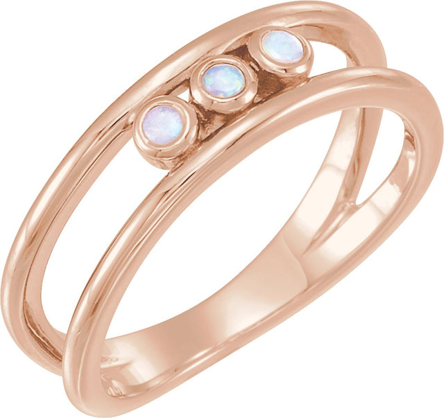 14K Gold Round Natural White Opal Three-Stone Bezel-Set Ring - Rose Gold