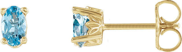 14K Gold Natural Aquamarine Oval 4-Prong Scroll Setting Stud Earrings - Yellow Gold