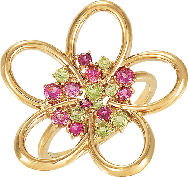 14K Gold Round Natural Pink Tourmaline Flower Ring - Yellow Gold