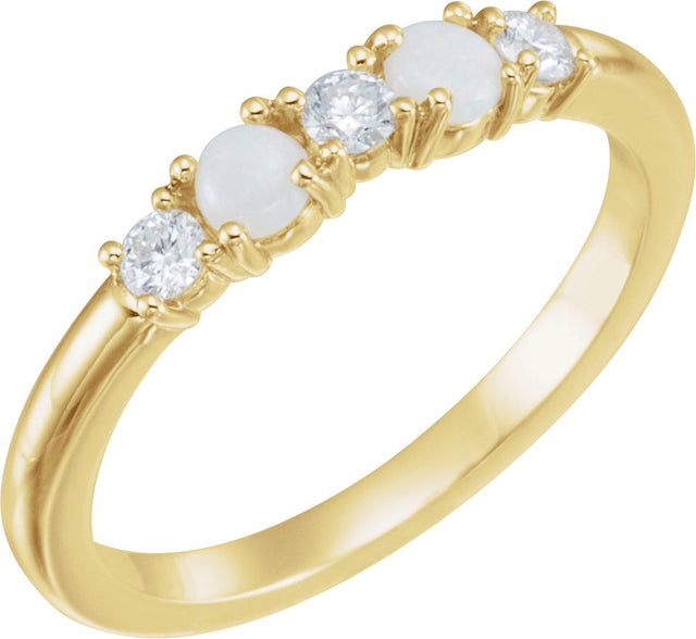 14K Gold Round Natural White Opal & Natural Diamond Stackable Ring - Yellow Gold
