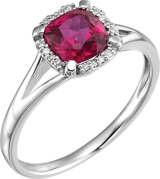 14K Gold Cushion Lab-Grown Ruby & Natural Diamond Halo-Style Birthstone Ring