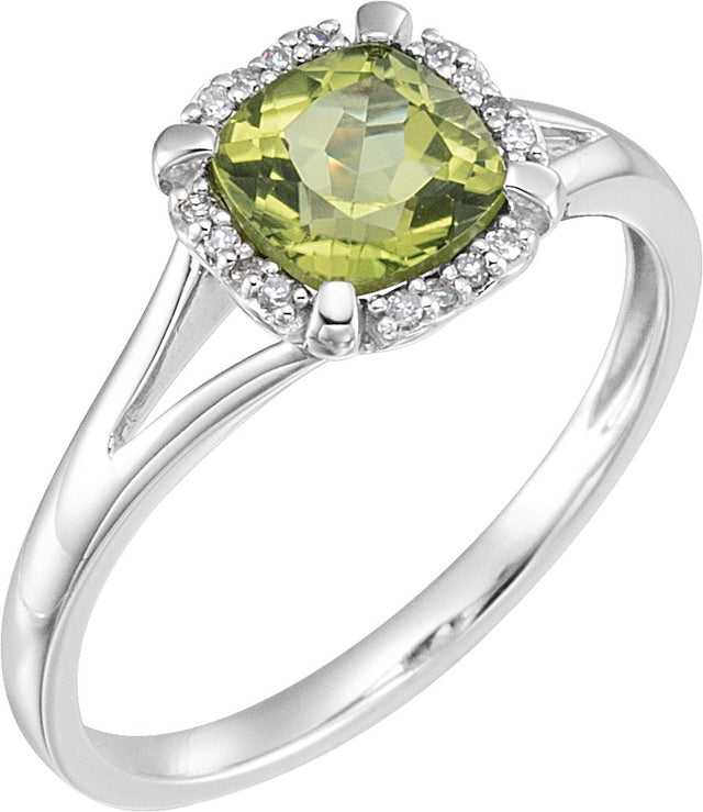 14K Gold Cushion Natural Peridot & Natural Diamond Halo-Style Birthstone Ring