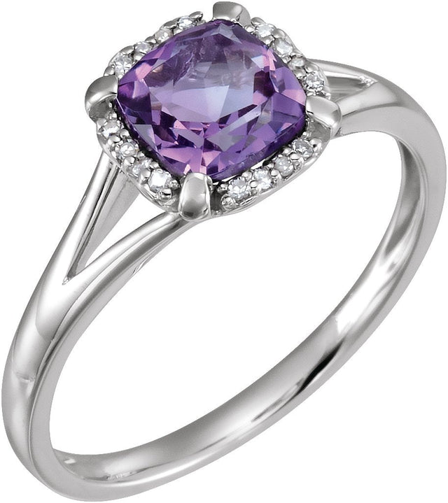 14K Gold Cushion Natural Amethyst & Natural Diamond Halo-Style Birthstone Ring