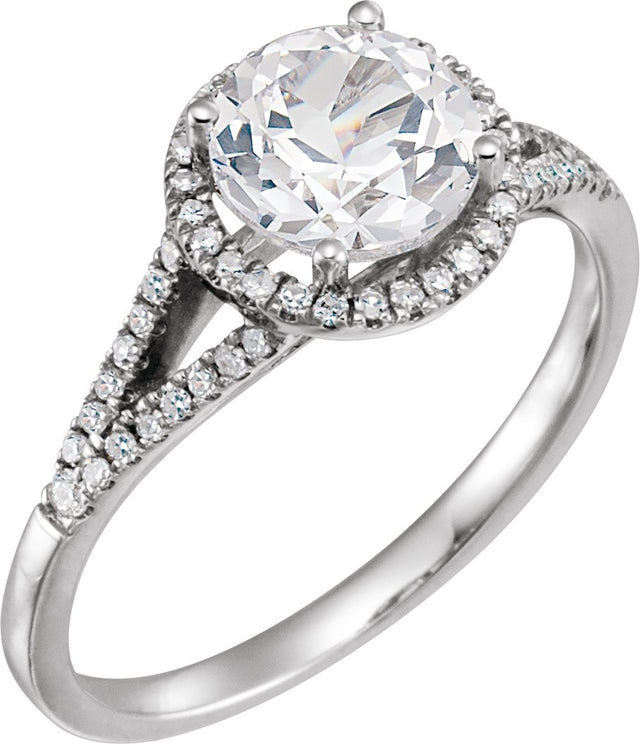 14K Gold Round Lab-Grown White Sapphire & Natural Diamond Halo-Style Birthstone Ring