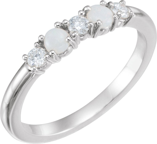Platinum Round Natural White Opal & Natural Diamond Stackable Ring