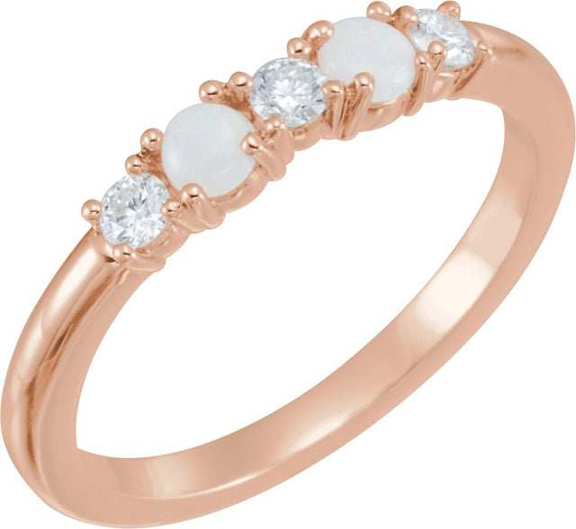 14K Gold Round Natural White Opal & Natural Diamond Stackable Ring - Rose Gold