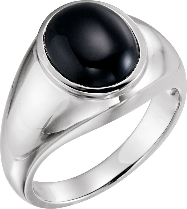 14K Gold Oval Natural Black Onyx Solitaire Ring - White Gold