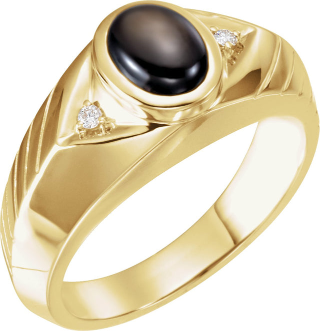 14K Gold Oval Natural Black Star Sapphire & Natural Diamond Bezel-Set Accented Ring