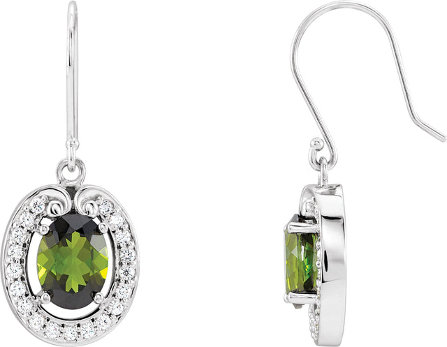 14K Gold Natural Green Tourmaline & Natural Diamond Oval Halo-Style Earrings