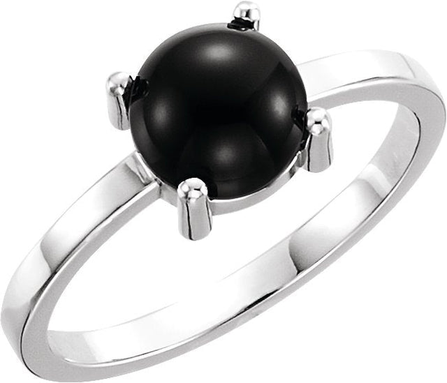 14K Gold Oval Natural Black Onyx Cabochon Solitaire Ring - White Gold