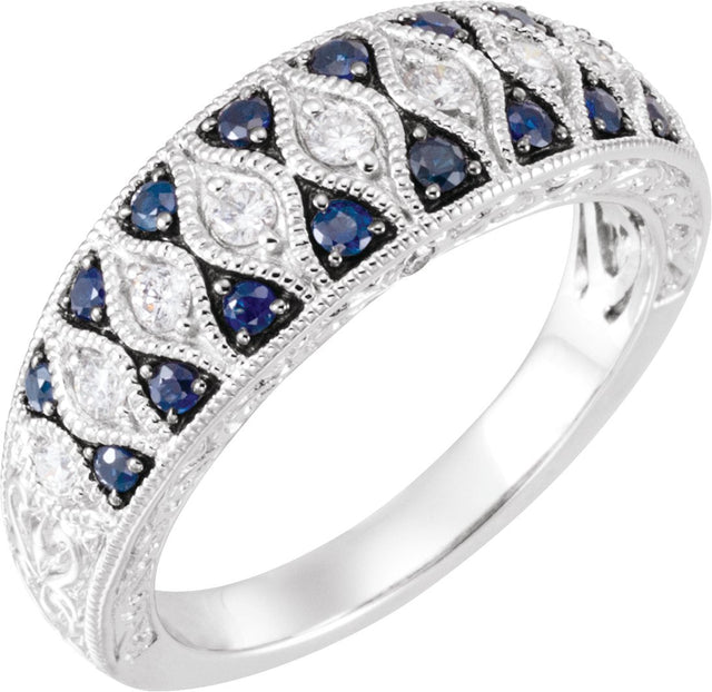 14K Gold Round Natural Blue Sapphire & Natural Diamond Granulated Accented Ring