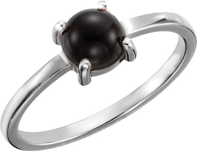 14K Gold Oval Natural Black Onyx Cabochon Solitaire Ring - White Gold