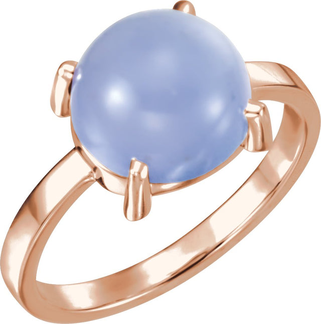 14K Gold Round Natural Blue Chalcedony Cabochon Solitaire Ring - Rose Gold