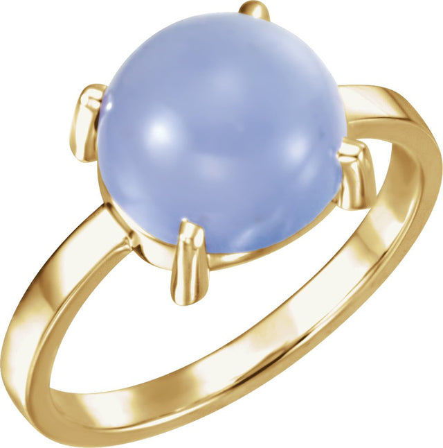 14K Gold Round Natural Blue Chalcedony Cabochon Solitaire Ring - Yellow Gold