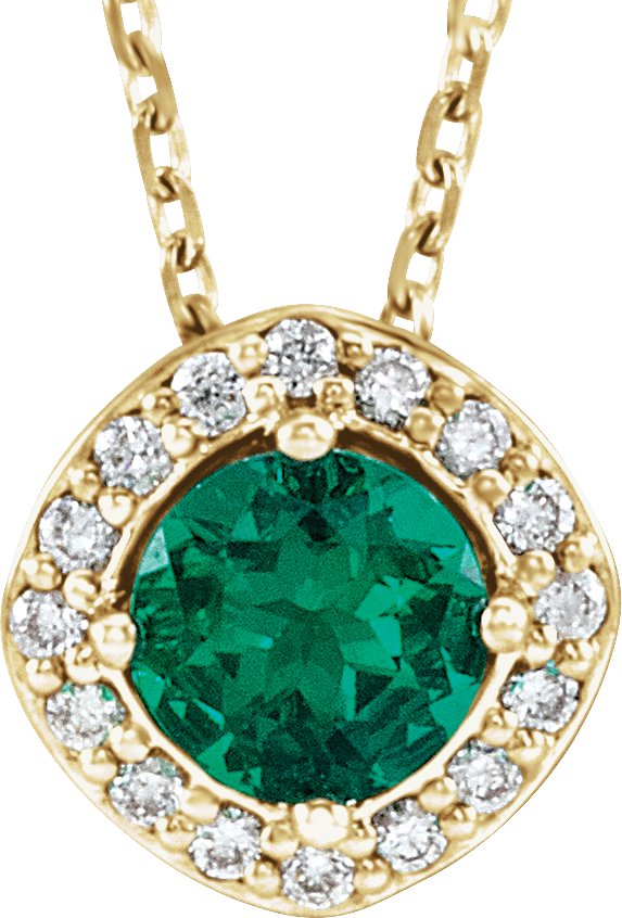 14K Gold Round Lab-Grown Emerald & Natural Diamond Halo-Style Necklace or Pendant – 0.08 CTW - Yellow Gold
