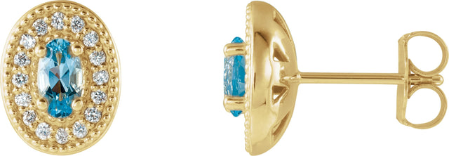 14K Gold Natural Aquamarine & Natural Diamond Oval 4-Prong Halo-Style Earrings - Yellow Gold