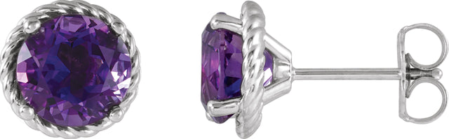 14K Gold Round Natural Amethyst Rope Earrings - White Gold