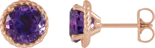 14K Gold Round Natural Amethyst Rope Earrings - Rose Gold