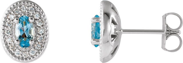 Platinum Natural Aquamarine & Natural Diamond Oval 4-Prong Halo-Style Earrings