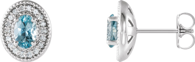 Platinum Natural Aquamarine & Natural Diamond Oval 4-Prong Halo-Style Earrings