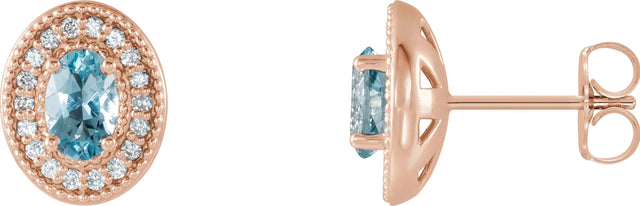 14K Gold Natural Aquamarine & Natural Diamond Oval 4-Prong Halo-Style Earrings - Rose Gold