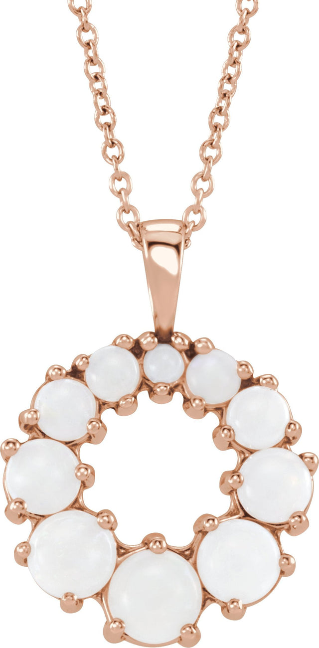 14K Gold Round Natural White Opal Halo-Style Necklace or Pendant - Rose Gold