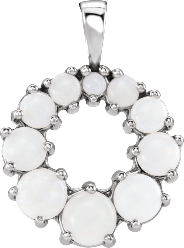 14K Gold Round Natural White Opal Halo-Style Necklace or Pendant - White Gold