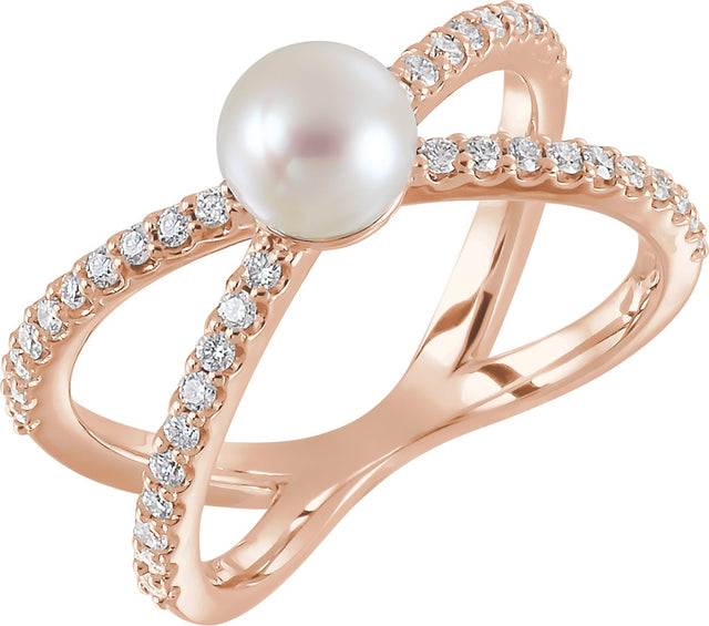 14K Gold Cultured White Freshwater Pearl & Natural Diamond Pearl Ring - Rose Gold