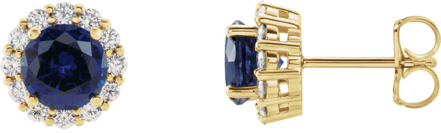 14K Gold Lab-Grown Blue Sapphire & Natural Diamond Round 4-Prong Halo-Style Earrings – 3.5-8mm Stones - Yellow Gold