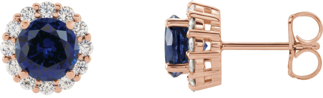 14K Gold Lab-Grown Blue Sapphire & Natural Diamond Round 4-Prong Halo-Style Earrings – 3.5-8mm Stones - Rose Gold